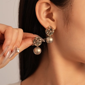 Vintage gold geometric earrings with dark crystals and grey pearl pendants for women