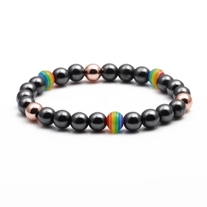Rainbow bead and black hematite beaded bracelet for men with rose gold metal accents