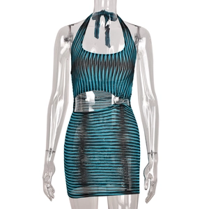 Blue and black striped knit halter dress with waist cut-out and bodycon mini fit