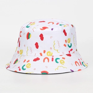 Detail of white cotton bucket hat with colorful nice embroidery and rainbow patterns