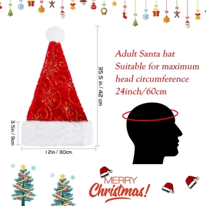 Detailed size specifications for red plush Christmas hat with golden snowflake patterns