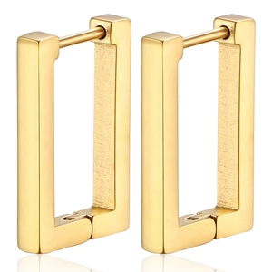 Minimalist gold geometric rectangular hoop earrings with a brushed metallic finish