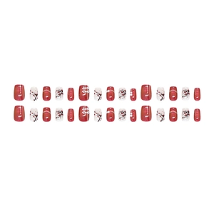 Elegant wine red and white press-on nails with plum blossom art and pearl accents