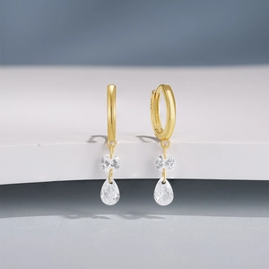 Detail of gold-plated S925 silver earrings with round and teardrop zircon pendants
