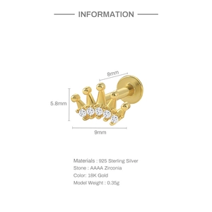 Detailed size chart for the S925 sterling silver crown labret stud with zircon stones