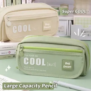 Large capacity minimalist fabric pencil case in beige and mint green colors