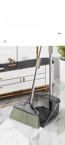 Detail of broom and upright dustpan set with fine green bristles and clear grey finish