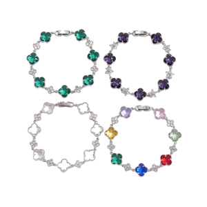 Bracelets trèfle de luxe avec pierres de zircon colorées et finition argentée