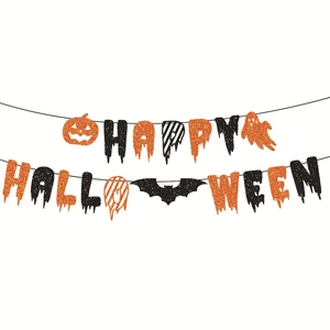 Glittery Happy Halloween banner with orange pumpkins, black bats and hanging swirls