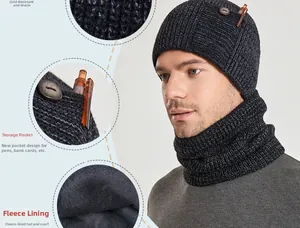 Detail view of winter knit beanie with side storage pocket and warm fleece lining