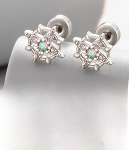 Macro detail of silver star earring with zircon inlay and screw flat back design