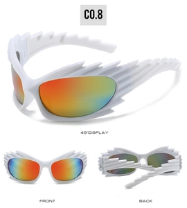White wing-shaped sports sunglasses with colorful gradient lenses shown from multiple angles