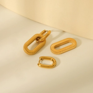 Textured gold stainless steel link earrings with detachable double oval chain design
