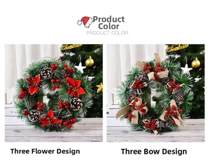 Vista detallada de dos hermosas coronas de Navidad con piñas y bayas rojas decorativas