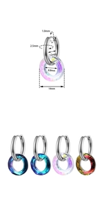 Detailed view of 12mm stainless steel hoop earrings with four colored crystal pendants