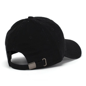 Rear view of a black cotton baseball cap with an adjustable matte silver metal buckle