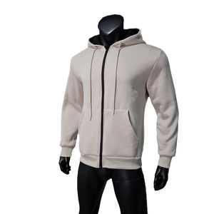 Detail view of beige men hoodie with zipper closure and adjustable drawstring hood