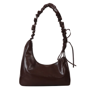 Fashionable dark coffee crossbody bag with a scrunched handle and ribbon bow detail
