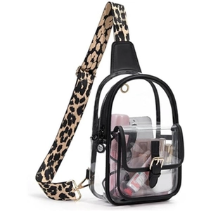 Clear PVC anti-theft crossbody chest bag with stylish leopard print strap and headphone port