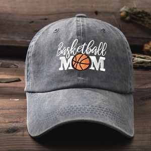 Vintage washed dark grey cotton baseball cap with Basketball MOM embroidery