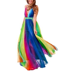 Rainbow gradient chiffon maxi dress with deep V-neck and flowy bohemian style