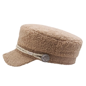 Women's camel sherpa fleece mariner cap with braided cord and vintage metal button details