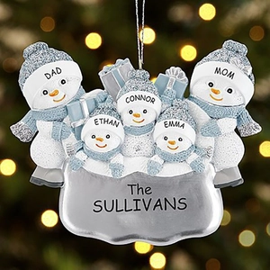 Customized snowman family Christmas ornament with 5 members on a festive tree background