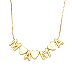 Polished gold MAMA letter necklace with three heart charms on a delicate box chain