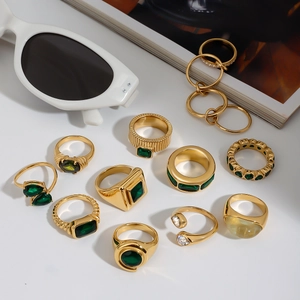 Vintage gold plated stainless steel ring set with green gemstones and boho style design