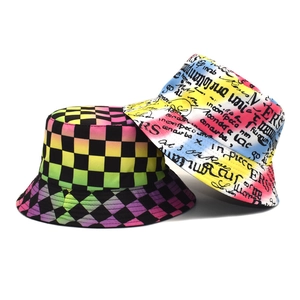 Rainbow checkerboard and colorful graffiti letter print reversible bucket hats for sun protection
