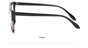 Side profile of large black cat-eye glasses frame with sleek anti-blue light lenses