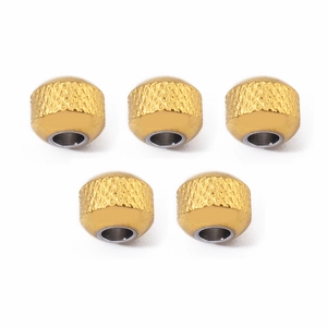 Five golden stainless steel textured beads with knurled pattern for DIY jewelry making