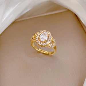 Elegant gold adjustable ring with oval diamond center and micro-pave stones on silk