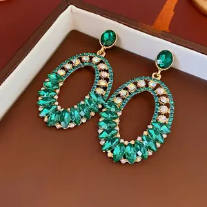 French vintage green oval earrings with emerald crystal and gold plating