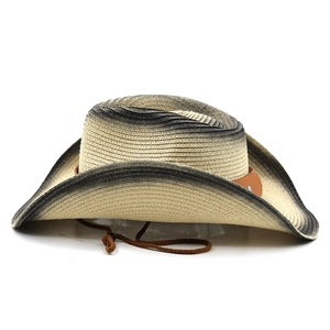 Western straw cowboy hat with gradient brim, rivet leather band and wind rope