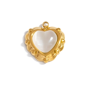Polished gold heart pendant with white natural stone inlay and beaded edge details