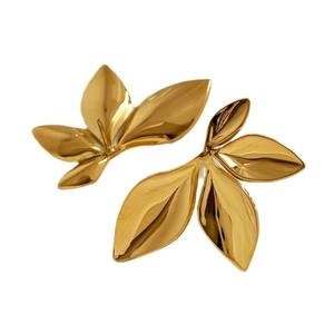 Polished gold stainless steel earrings in elegant leaf-shaped design for women