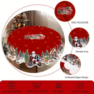 Detail of scalloped edges and festive Santa Claus pattern on polyester Christmas tablecloth
