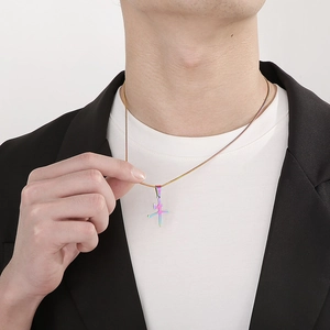 Detail of creative stainless steel cow character pendant necklace worn by male model