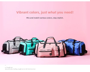 Detail showing multifunctional gym bags in gray, green, pink, and blue with firm abs logo