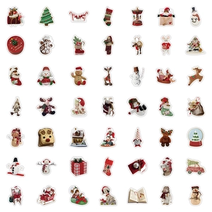 Detail view of 53 colorful Christmas stickers featuring Santa, trees and gingerbread man