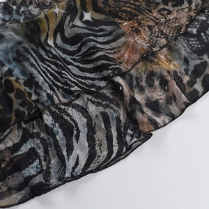 Détail du tissu en maille transparente avec des imprimés zèbre et léopard variés
