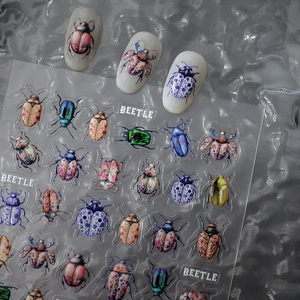 3D beetle nail stickers set with colorful realistic insect patterns and blue flowers