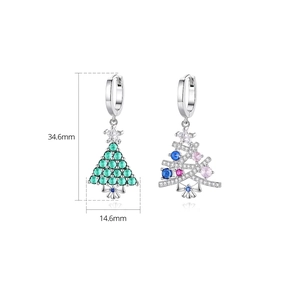 Elegant Christmas tree drop earrings with green and colorful cubic zirconia in silver tone