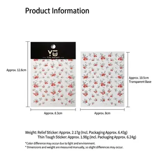 3D embossed red floral nail stickers with cute snowflake patterns on a black backing card
