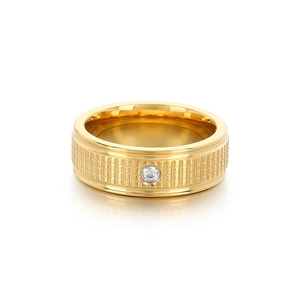 Men's gold stainless steel ring with diamond-set geometric checkered pattern