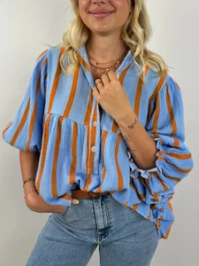 Damen Gestreifte Bluse Polyester Lange Puffärmel Lockere Passform Button Down Lässiges Pendler Büro Hemd Elegantes Oberteil