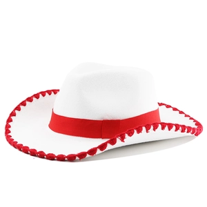 Classic white felt cowboy hat with red braided ribbon and decorative stitched brim edge