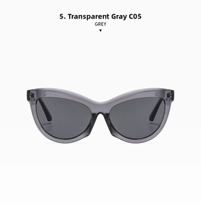 Detail view of transparent grey cat-eye sunglasses with premium dark grey lenses