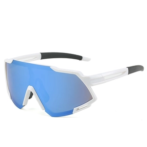 Side view of white cycling sunglasses with large blue mirrored lenses and ergonomic temples